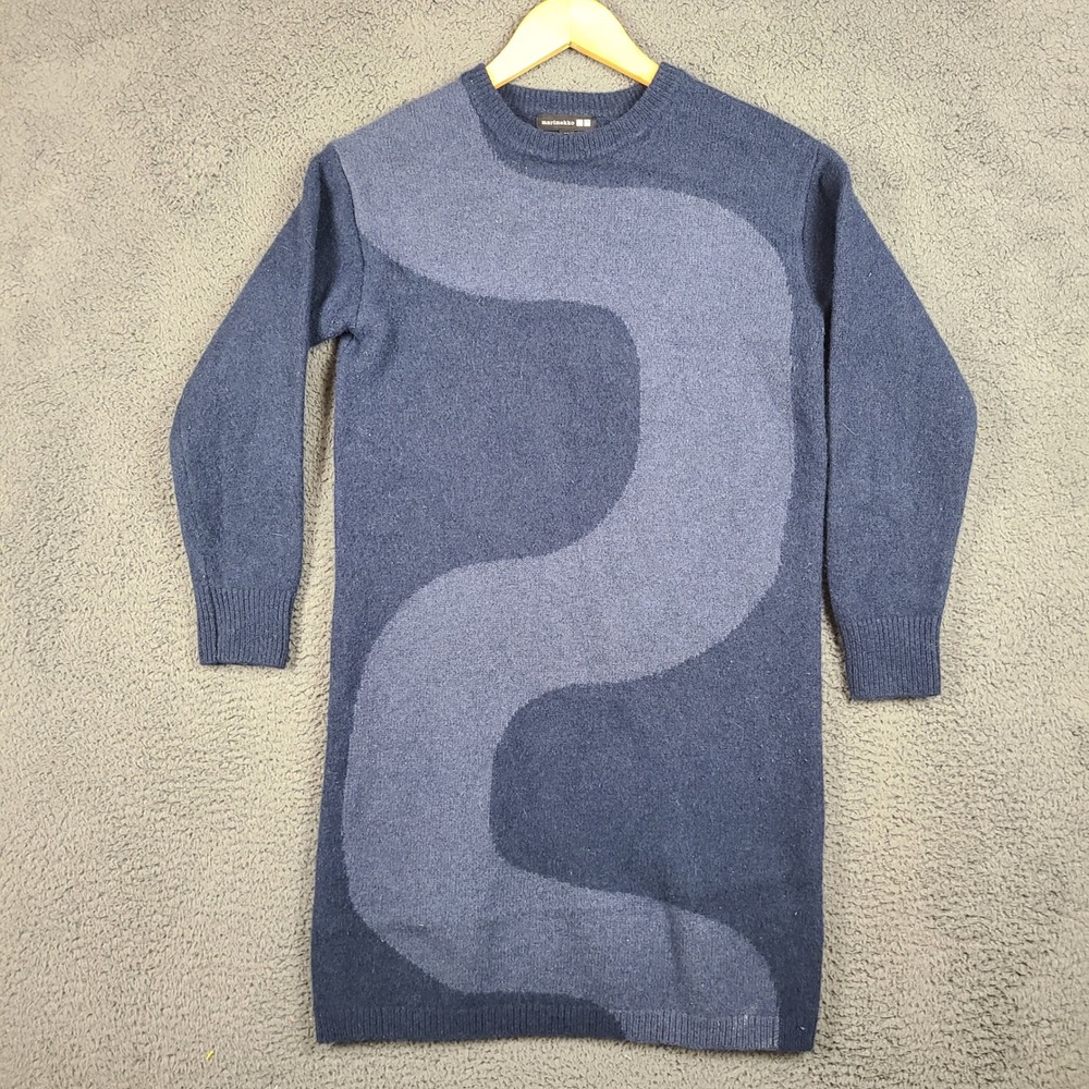 Uniqlo Marimekko Wool Knit Sweater Dress Navy Blue Wavy Print XS 469350